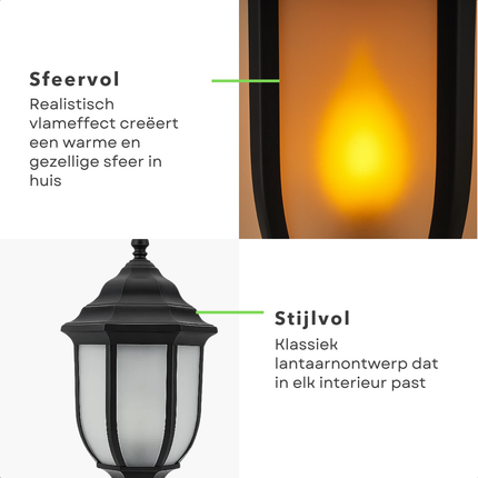 Cheqo® Lantaarn Met Vlameffect - Sfeervolle Kerst Lantaarn - Realistisch Vlameffect - Kunststof Lantaarn - Timer Functie - 48 cm Hoog - Voor Binnenshuis - LED Verlichting - Op Batterijen - Op Batterijen - 6 Uur Aan