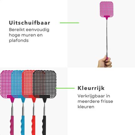 Cheqo® Uitschuifbare Vliegenmepper - Telescopische Vliegenmepper - Vliegenmepper met Telescoopsteel - Lange Vliegenmepper - XL Vliegenmepper - Vliegenmeppers