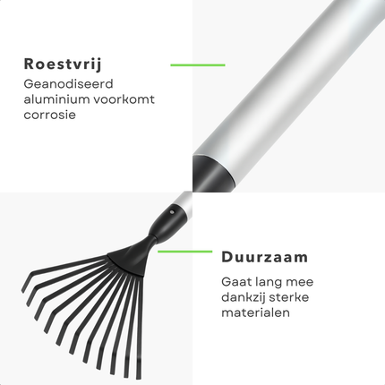 Cheqo® Telescopische Tuinhark – Verstelbare Bladhark met Uitschuifbare Steel – Aluminium & Koolstofstaal – Corrosievrij Tuingereedschap – Lichtgewicht Hark voor Tuin en Gazon – Stevige Telescopische Handgreep