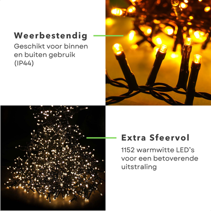 Cheqo® Kerstverlichting - Kerstboomverlichting - Kerstlampjes - LED Clusterverlichting - 1152 Warm Wit - 8.5M Timer - Buiten & Binnen
