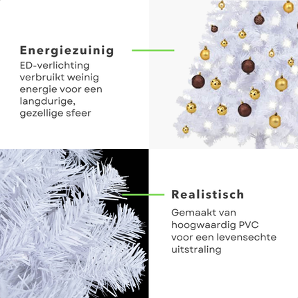 Cheqo® Kerstboom - Kunstkerstboom 180 cm - Witte PVC Boom met LED-Verlichting en Kerstballen - Sneeuw Effect