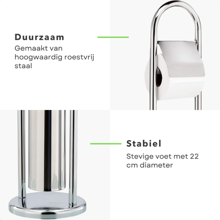 Cheqo® Staande Toiletset - Mat RVS - Vrijstaande Toiletrolhouder en Borstel - 80cm Hoog - Toiletbutler Vrijstaand - Toiletborstel met Houder - WC Rolhouder met Klep