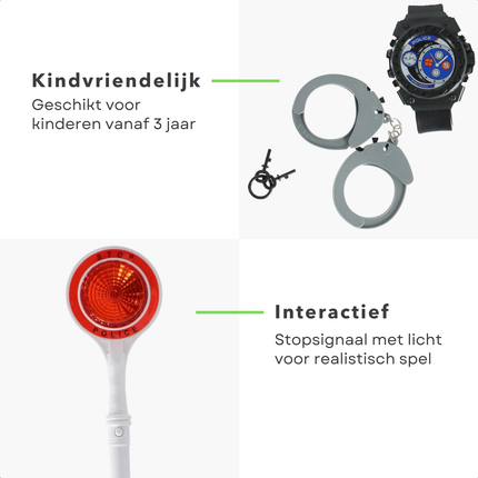Cheqo® Politie Speelset - Politie Rollenspel Set - Politie Accessoires Speelgoed - Politie Handboeien Speelgoed - Speelgoed Handboeien met Sleutel - Politie Stopsignaal Speelgoed - Politie Horloge Speelgoed - Politie Bonnenboekje Speelgoed