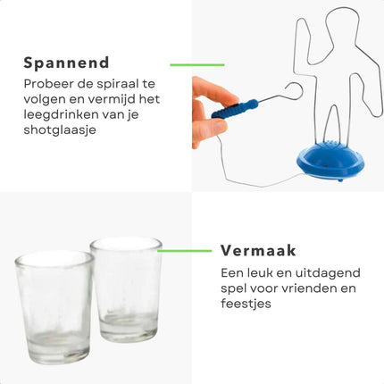 Cheqo® Buzz Wire Spiraal Game - Drinkspel met Shotglaasjes - Hoogte 21.5cm - Ø Voet 9.5cm - Op Batterijen - Reisspel - Studentenspel - Gezinsspel Actiespellen