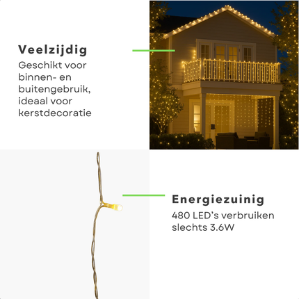Cheqo® Ijspegel Lichtgordijn - 480 LED's - Extra Warm Wit - Lichtnet - Kerstverlichting Buiten - Binnen En Buiten - IP44 Spatwaterdicht - Energiezuinige LED's - 8 Lichtfuncties - 9.50 Meter - Groen Snoer - Lange En Korte Strengen