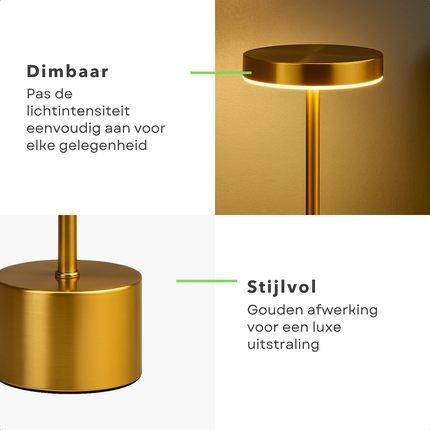 Cheqo® Gouden Tafellamp Oplaadbaar - Draadloos En Dimbaar - Touch Lamp - Nachtlamp Slaapkamer - Usb Oplaadbaar - Dimbare Tafellamp - Moderne Touch Lamp - LED Tafellamp - Tafellamp Zonder Snoer - Goud Tafellamp