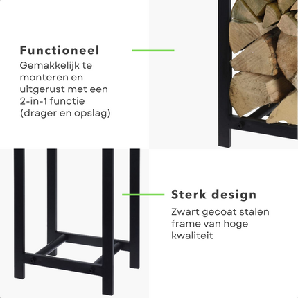 Cheqo® Houtopslag Rek - Brandhoutrek - Hout Opslag - Houtrek - Houtmand - Zwart - Perfect voor bij de Haard - 30x22x59cm Houtopslag