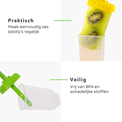 Cheqo® IJsjesmaker Siliconen - Waterijsjes Vormen - Herbruikbare IJsjesvormpjes - Ijsmaker - Zelf Ijsjes Maken - IJslolly - Voor 6 IJsjes - Met Houder