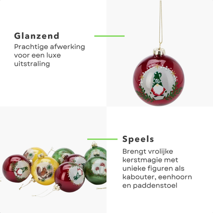 Cheqo® Glazen Kerstballen - Set Van 12 - Glanzend Kerstballen - Traditionele Kerstballen - Rode Kerstballen - Gele Kerstballen - Groene Kerstballen - Kerstboomversiering - Kerstdecoratie - Glazen Ornamenten - Kerstbal Set