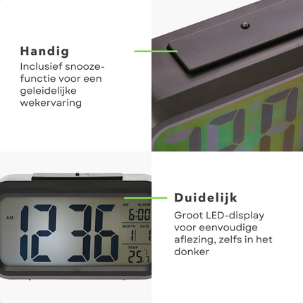 Cheqo® Digitale Wekker Zwart - Digitale Klok met Grote Cijfers - Reiswekker - LED Wekker - Alarmklok - Snooze Functie - ABS Materiaal - Zwart
