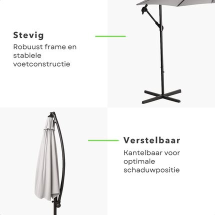 Cheqo® Zweefparasol 3M - Zweef Parasol Kantelbaar - Verstelbaar Stalen Frame - Inclusief Voet - Voor Tuin en Balkon - Grijs