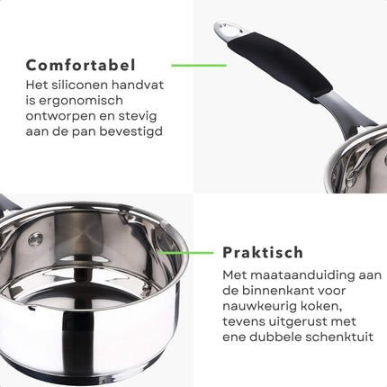 Cheqo® Luxe Sauspan - met Dubbele Schenktuit en Siliconen Handvat - Inductiegeschikt - Met Maataanduiding - Vaatwasserbestendig - Voor Alle Warmtebronnen - Gelijkmatige Warmteverdeling - Steelpan - Saus Pan - RVS - 1.3 L - 16 cm Diameter Steelpan