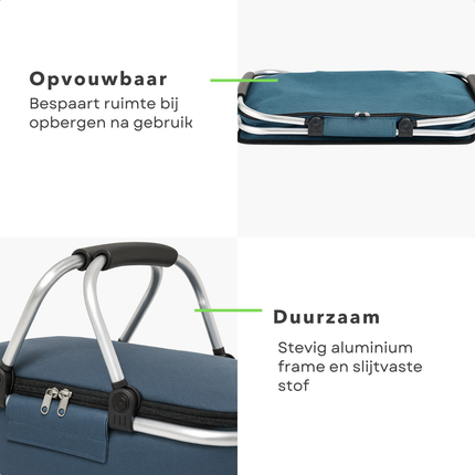 Cheqo® Picknickmand Blauw - Opvouwbare Koelmand - Aluminium Frame - Oxford Cloth - Met Rits - Lichtgewicht Koelmand - 40 x 23 x 20 cm - Picknick Accessoire - Draagbare Koelmand