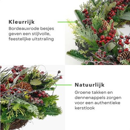 Cheqo® Kerstkrans Bordeaux - Kerstkrans Met Dennenappels - Groene Takken En Bladeren - Bordeauxrode Besjes - Natuurlijke Dennenappels - Ø50 CM - Kerstsfeer In Huis - Voordeur Decoratie - Kerst Krans - Deurkrans