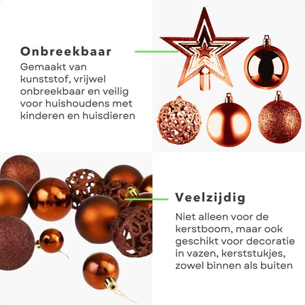 Cheqo® Luxe Bronzen Kerstballen Set - Met Piek - 101 stuks - Kunststof - Kerstboomversiering - Kerstversiering - Onbreekbaar - Verschillende Formaten & Designs - Kerstboom - Kerstballenset - Kerstdecoratie - Kerst - Christmas Kerstballen
