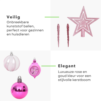 Cheqo® 108-delige Onbreekbare Kerstballen Set - Kerstballenset - Wit en Roze - Kunststof Decoratie - Lichtgewicht