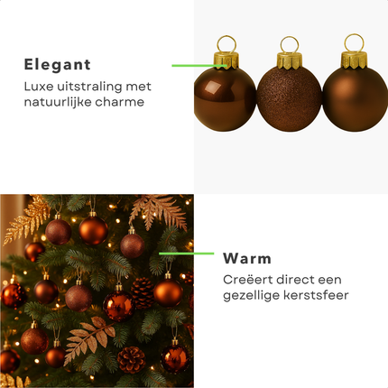 Cheqo® Kerstballen Set - Glazen Kerstballen - Bruine Kerstballen - Kerstboom Decoratie - Set Van 42 - Glimmende Kerstballen - Glitter Kerstballen - Diverse Afmetingen - Kerstballen Set Bruin - Kerstbal Set