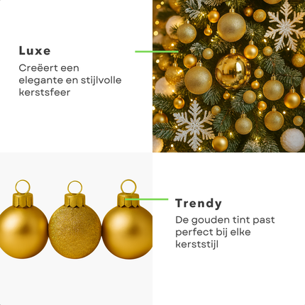 Cheqo® Kerstballen Set - Gouden Kerstballen - Kerstboom Decoratie - Glazen Kerstballen - Feestelijke Uitstraling - Chique Kerstversiering - Matte Kerstballen - Glimmende Kerstballen - Glitter Kerstballen - Kerstballen Goud
