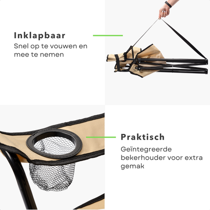 Cheqo® Opvouwbare Campingstoel - Inklapbare Campingstoel - Metalen Campingstoel - Campingstoel met Bekerhouder - Campingstoel Lichtbruin