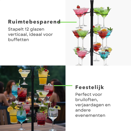 Cheqo® Cocktailboom - Etagere Voor Glazen - Cocktail Standaard - Geschikt Voor 12 Glazen - Metaal Zwart - Cocktailglazen Houder - Decoratieve Etagere - Cocktail Toren - Thuisbar - Feest Decoratie - Cocktail Boom - Martinitoren