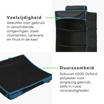 Cheqo® Ruime Hangorganizer - Camping Opbergoplossing voor Caravan - Opvouwbare Kastorganizer - Efficiënt Opbergsysteem - Tentorganizer met Spiegel - Tentschort