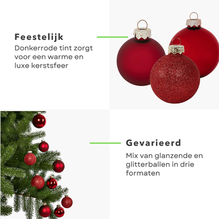 Cheqo® Donkerrode Glazen Kerstballen - Kerstboomversiering Donkerrood - Warme Feestelijke Uitstraling - Glittervariant Kerstballen - Kerstbal Set Van 42 Stuks - Kerstboom Decoreren - Kerstballen Rood - Rode Kerstballen