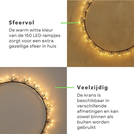 Cheqo® Verlichte Kerstkrans - LED Verlichting - Warm Wit LED - Spatwaterdicht - Buitengebruik - Metalen Frame - 150 LED Lampjes - Zwarte Krans - Diameter 40 CM - Kerstdecoratie - Sfeerverlichting - IP44 - Kerstverlichting Buiten