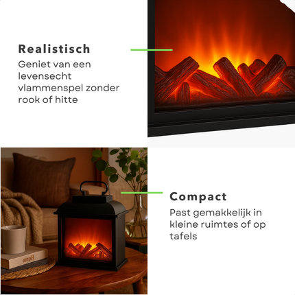Cheqo® LED Sfeerhaard - Lantaarn Openhaard - Kunststof Frame - LED Verlichting - Timer Functie - Werkt op Batterijen - Batterij Aangedreven - Vlammeneffect - Elektrische Haard - Zwarte Lantaarn - Sfeerverlichting
