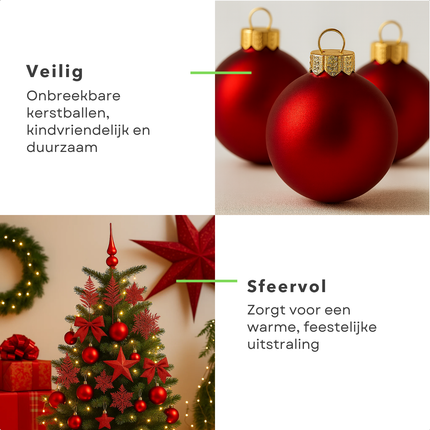 Cheqo® Kerstversiering Set - Rode Kerstdecoratie - Kerstboom Versiering - Kunststof Kerstballen - Luxe Decoratieset - Rode Kerstballen - Kerstboom Verlichting - Warmwitte Led-Lampjes - Onbreekbare Kerstballen
