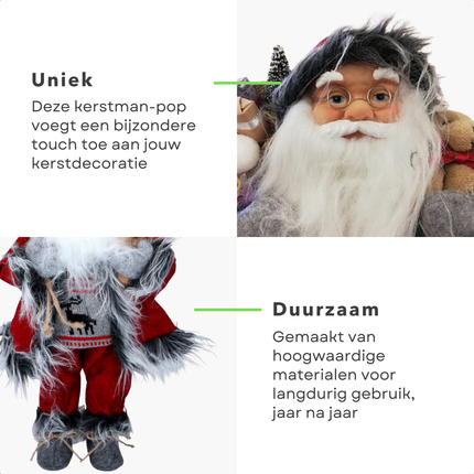 Cheqo® Kerstman Decoratie - Kerstman Pop - 46 cm Rood Bont - Kerstman Figuur - Kerstfiguur met Cadeaus en Knuffelbeer