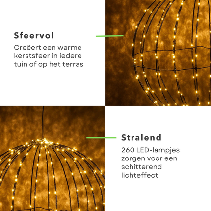 Cheqo® Verlichte Bal Voor Buiten - Warm Wit LED-Licht - Kerstbal LED - Kerstfiguur - Kerstverlichting Voor Buiten - 260 LED Lampjes - Timerfunctie - Stevig Zwart Metaal - Moderne Uitstraling - Tuinverlichting - Sfeerverlichting