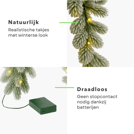 Cheqo® Guirlande Met Verlichting - Kerstguirlande - Warm Witte LED-Lampjes - 270 cm Lang - Groene Dennentakken - Frosted Afwerking - Kerstversiering - Natuurlijke Look - PE Takjes - Batterijvoeding - Deurkrans - Winterseizoen
