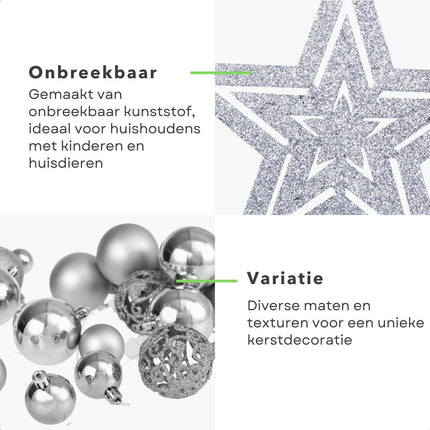Cheqo® Luxe Kerstballen Set - Kerstballenset - Kerstdecoratie - Kerstboom Versieren - Kerstversiering - Onbreekbaar - Met Ophangoogje - Kerstversiering Kerstboom - Mat - Glans - Glitter - 101 Stuks - Zilver - Verschillende Texturen en Maten - Met Piek Kerstballen