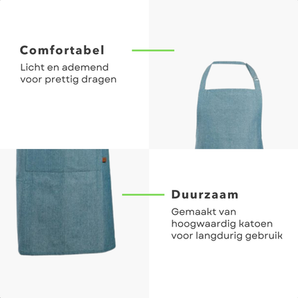 Cheqo® Blauw Katoen Keukenschort - Kookschort - Schort - Verstelbaar Unisex - Met Zakken - Duurzaam Koken