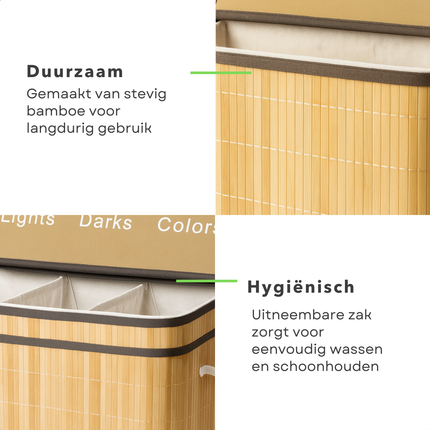 Cheqo® Wasmand 3 Vakken - Wassorteerder - Bamboe Materiaal - Uitneembare Waszak - Licht Donker Kleur - 100 Liter Inhoud - Naturel Kleur - Wasbare Binnenzak - Wasgoed Organizer - Gescheiden Was