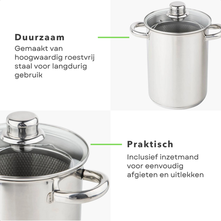 Cheqo® Aspergepan RVS - Pastapan - Glazen Deksel - Stoomuitlaat - Inzetmand - Vaatwasser Veilig - Geschikt Voor Inductie - Alle Warmtebronnen - Roestvrij Staal - 4.2 Liter Inhoud - 16 cm Diameter - 21 cm Hoog - Multifunctioneel Koken