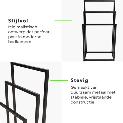 Cheqo® Vrijstaand Handdoekrek - Handdoekenrek Badkamer - Metaal Handdoekrek - Mat Zwart - 3 Niveaus - Anti-Kras Viltdopjes - Industrieel Design - Handdoekrek Zonder Boren