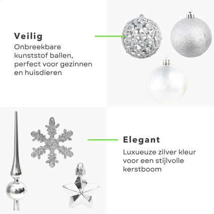 Cheqo® 111-delige Kerstballenset - Kerstballen Set - Onbreekbaar Polystyreen - Zilver - Diverse Maten