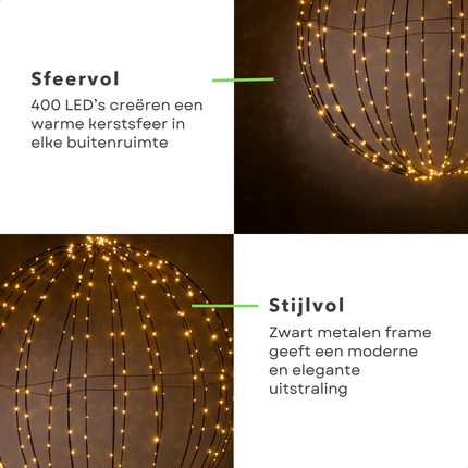 Cheqo® LED Kerstbal - Kerstverlichting Voor Buiten - Warm Witte LED-Lampjes - Verlichte Bal - Timerfunctie - Buitengebruik - Kerst Tuinverlichting - Hangende LED Bollen - Zwarte Metalen Frame - Kerstfiguur - Kerstdecoratie