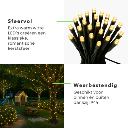 Cheqo® Kerstverlichting - Kerstlampjes - Kerstboomverlichting - Extra Warm Wit - 768 LED - 8 Lichtfuncties - Automatische Timer - Binnen en Buiten - IP44 Adapter - Zwart Snoer - 990 CM Lengte - Geheugenfunctie - Clusterverlichting