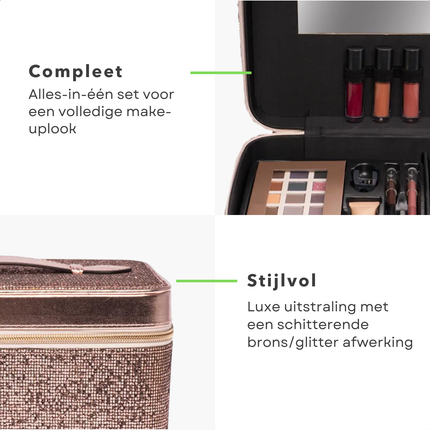 Cheqo® Beautycase Brons Glitter - Luxe Make-up Koffer met Spiegel - Complete Reisset - Beauty Case met Vakken - Visagiekoffer - Cosmeticakoffer - Beautycase