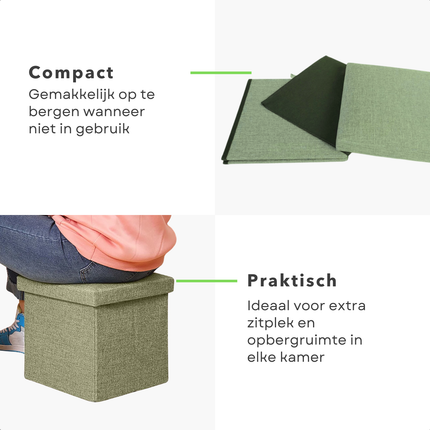 Cheqo® Opvouwbare Poef Met Opbergruimte - Groen - Opbergbox - Organizer - Voetenbankje - Hocker - MDF en Katoen