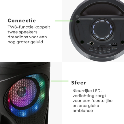 Cheqo® Bluetooth Party Speaker - Draagbare Speaker - Krachtig Geluid - RGB LED-Verlichting - Draadloze Verbinding - Bluetooth 5.3 - TWS-Functie - Multifunctioneel Afspelen - USB, Micro SD, AUX - FM-Radio - Lange Batterijduur - 10W Vermogen