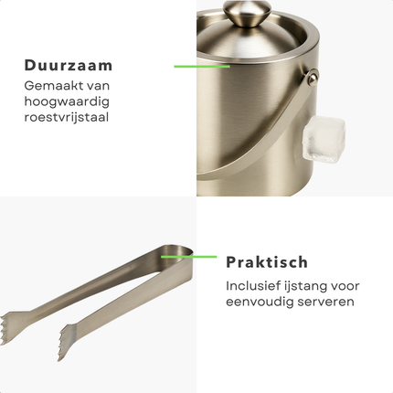Cheqo® Dubbelwandige IJsemmer - IJsemmer Met Tang - Roestvrijstaal IJsemmer - IJsemmer Met Deksel - Thuisbar Accessoire - Feestjes IJsemmer - Siliconen Rand Deksel - IJsblokjesemmer - 15 cm Diameter - 18 cm Hoogte - Zilveren IJsemmer