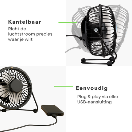 Cheqo® Mini Usb Ventilator - Usb Tafelventilator - Stille Werking - Compacte Ventilator - Usb-Aangedreven - Kantelbaar Ontwerp - Gerichte Luchtstroom - Usb Kabel Inbegrepen - Metalen Ventilator - Bureau Ventilator - Nachtkastje Ventilator