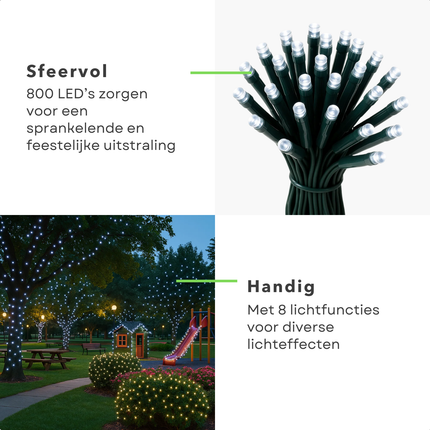 Cheqo® Kerstverlichting - Kerstlampjes - Kerstboomverlichting 16 Meter - 800 LED Lampjes - Geschikt voor Buiten - Geschikt voor Binnen - Koelwit Licht - 8 Lichtfuncties - Lichtsnoer met Timer - Geheugenfunctie - IP44 Adapter