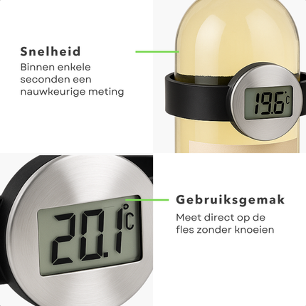 Cheqo® Wijnthermometer RVS - Wijn Thermometer Digitaal - Digitale Wijn Temperatuurmeter - Voor Alle Wijnflessen