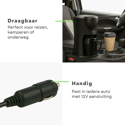 Cheqo® Koffiezetapparaat voor Auto 12V - Draagbare Koffiemachine met Autostekker – Reiskoffiezetapparaat voor Kamperen, Caravan & Vakantie – Compacte Elektrische Koffiezetter – Koffie Onderweg – Espressomachine 12V