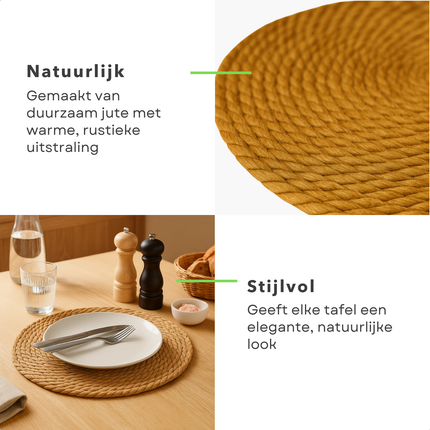 Cheqo® Jute Placemat - Ronde Placemat - 40 cm Diameter - Jute Materiaal - Natuurlijk Jute - Tafelbekleding - Eettafel Decoratie - Jute Onderlegger - Natuurlijke Uitstraling - Ronde Vorm - Rustieke Stijl - Bohemian Stijl