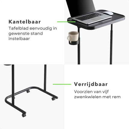 Cheqo® Verstelbare Bijzettafel Op Wieltjes - Banktafel - Koffietafel - Sidetable - Laptoptafel - Laptop Tafel - Bijzet Tafel - Zwart MDF - Kantelbaar